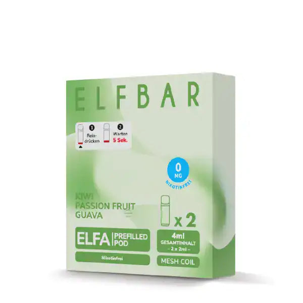 2ml ELFA Pods Kiwi Passionfruit Guava nikotinfrei mit 0 mg/ml nikotinstärke by Elf Bar mit Verpackung.