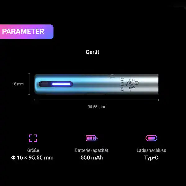 ELFA Turbo Gerät von ELFBAR mit Kompaktgröße von 16mm Durchmesser und 95,55mm Länge, 550mAh Batteriekapazität, ausgestattet mit einem modernen Typ-C Ladeanschluss.