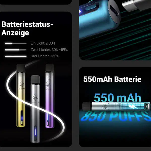 "ELFA Turbo Vape mit Batteriestatus-Anzeige und 550mAh Batterie, die bis zu 850 Züge ermöglicht, verfügbar in verschiedenen Farben wie Blau, Silber und Gold.