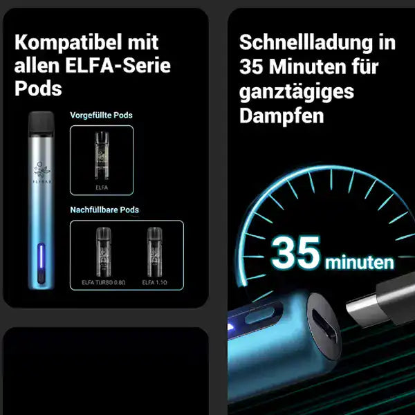 ELFA Pod-System, kompatibel mit allen ELFA-Serie Pods, schnelle 35-Minuten-Ladung für ganztägiges Dampfen, vorgefüllte und nachfüllbare Pods verfügbar, ELFA Turbo 0.80 und ELFA 1.10 Pods.