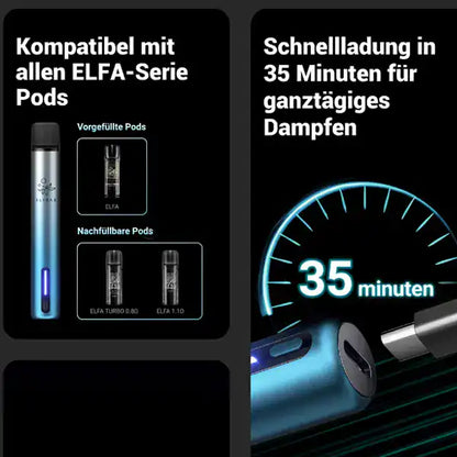 ELFA Pod-System, kompatibel mit allen ELFA-Serie Pods, schnelle 35-Minuten-Ladung für ganztägiges Dampfen, vorgefüllte und nachfüllbare Pods verfügbar, ELFA Turbo 0.80 und ELFA 1.10 Pods.