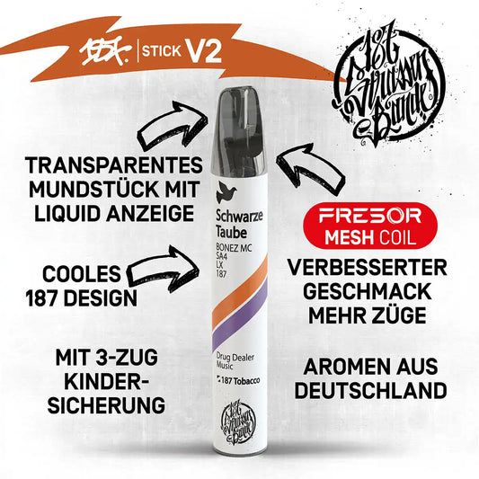 Stick V2 von 187 Design mit transparentem Mundstück und Liquid-Anzeige, ausgestattet mit Fresor Mesh Coil Technologie für verbesserten Geschmack und mehr Züge. Das Design zeigt den Schriftzug 'Schwarze Taube' und eine orange-lila Farbgebung. Das Produkt verfügt über eine kindersichere 3-Zug-Sicherung und Aromatisierung mit Aromen aus Deutschland.