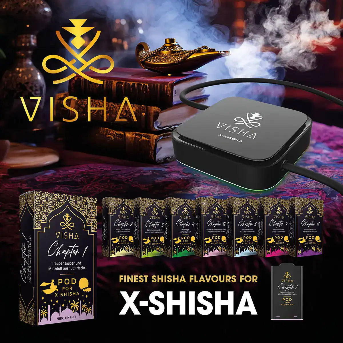 Visha X-Shisha Set mit eleganter Shisha-Pod-Verpackung und geschmackvollen Aromen. Enthält 'Visha Chapter 1' mit Traubenzucker und Minzgeschmack, ideal für die Verwendung mit X-Shisha.