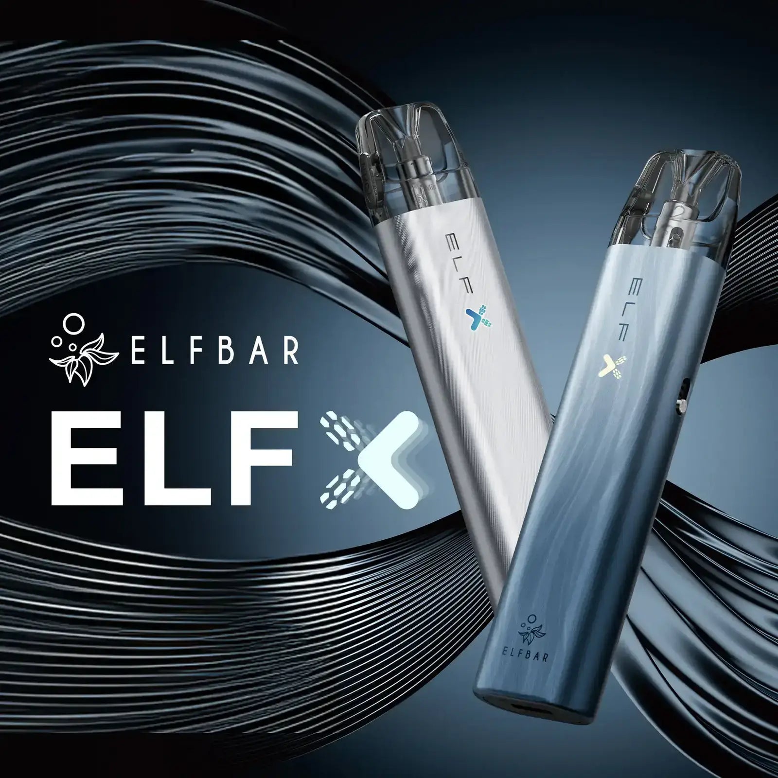 Zwei ELF Bar ELFX Vape Pens in Silber und Blau vor dynamischem Hintergrund, mit modernem Design und transparentem Mundstück, ideal für mobiles Dampfen.