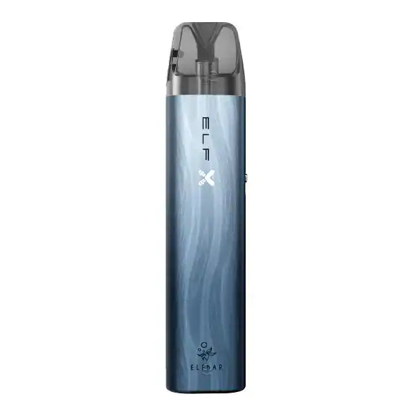 ELF Bar ELFX Vape Pen in stilvollem Blau mit eleganter, glänzender Oberfläche und transparentem Mundstück, ideal für den mobilen Dampfbetrieb.