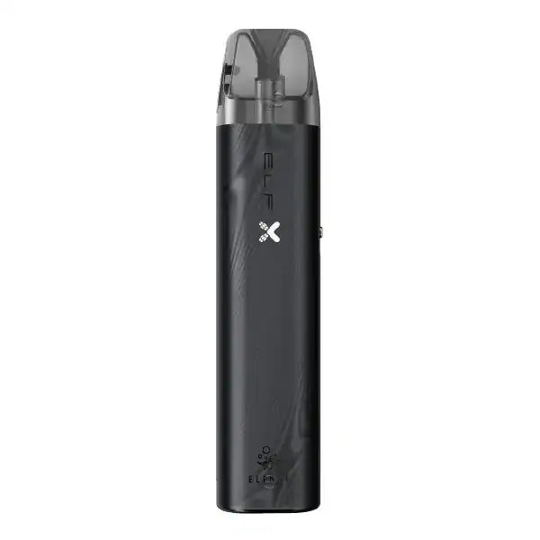 ELF Bar ELFX Vape Pen in elegantem Schwarz mit glänzender Oberfläche und transparentem Mundstück, ideal für Dampfen unterwegs.