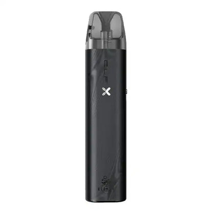 ELF Bar ELFX Vape Pen in elegantem Schwarz mit glänzender Oberfläche und transparentem Mundstück, ideal für Dampfen unterwegs.
