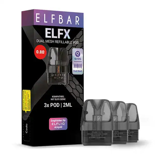 ELF Bar ELFX Dual Mesh nachfüllbare Pods, 3er Pack mit 2 ml Kapazität pro Pod und 0,8 Ohm Widerstand, kompatibel mit der ELF Bar ELFX Serie, ideal für ELF LIQ eLiquids.