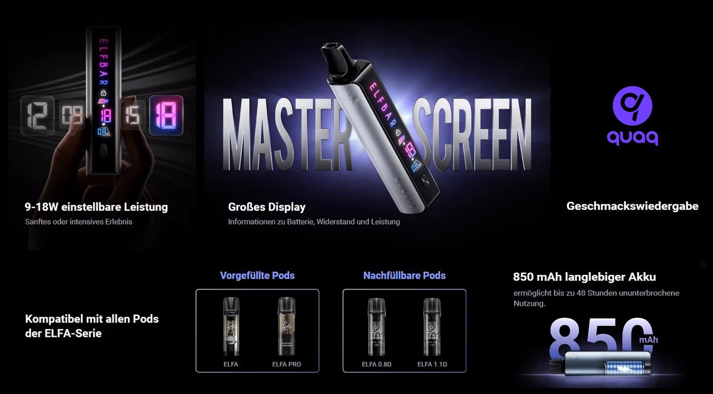 Elfbar ELFA Master Banner mit Technischen Details des Basisgeräts