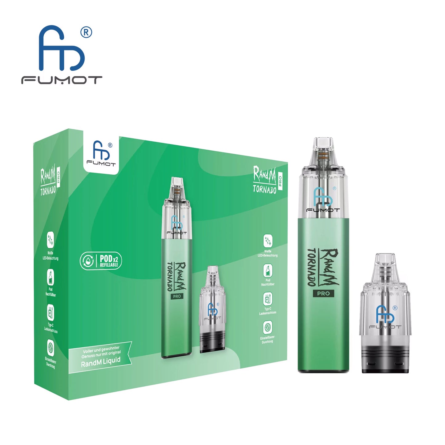 Produktbild vom RandM Tornado Pro POD-Kit mit Verpackung, Basisgerät und zwei leeren Pods – ideal für flexibles Dampfen mit individuellem Liquid.