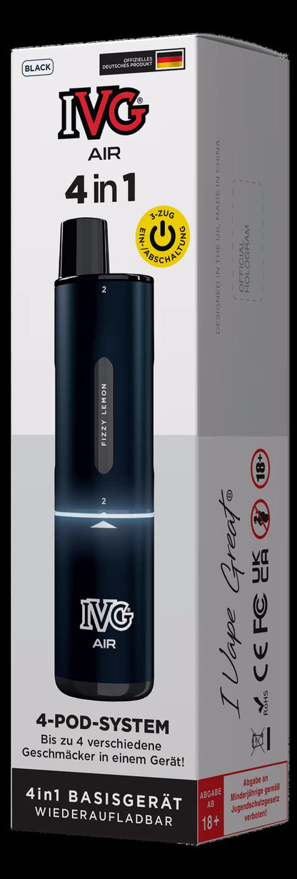 IVG Air 4 in 1 Basisgerät Black: Schwarzer Vape-Pen mit "4in1"-System, verpackt in weiß-grauer Schachtel mit Nikotinwarnung.