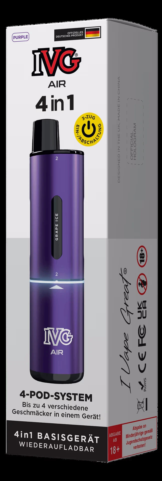 IVG Air 4 in 1 Basisgerät Purple: Lila Vape-Pen mit austauschbaren Pods, verpackt in einer weißen und grauen Schachtel mit "4in1"-Aufdruck und Nikotinwarnhinweis.