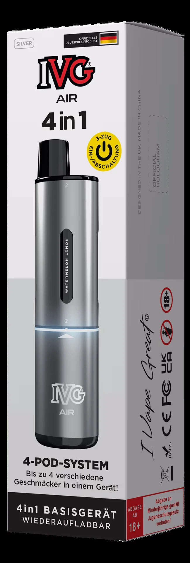 IVG Air 4 in 1 Basisgerät Silver: Silberner Vape-Pen mit austauschbaren Pods, verpackt in einer weißen und grauen Schachtel mit "4in1"-Aufdruck und Nikotinwarnhinweis.