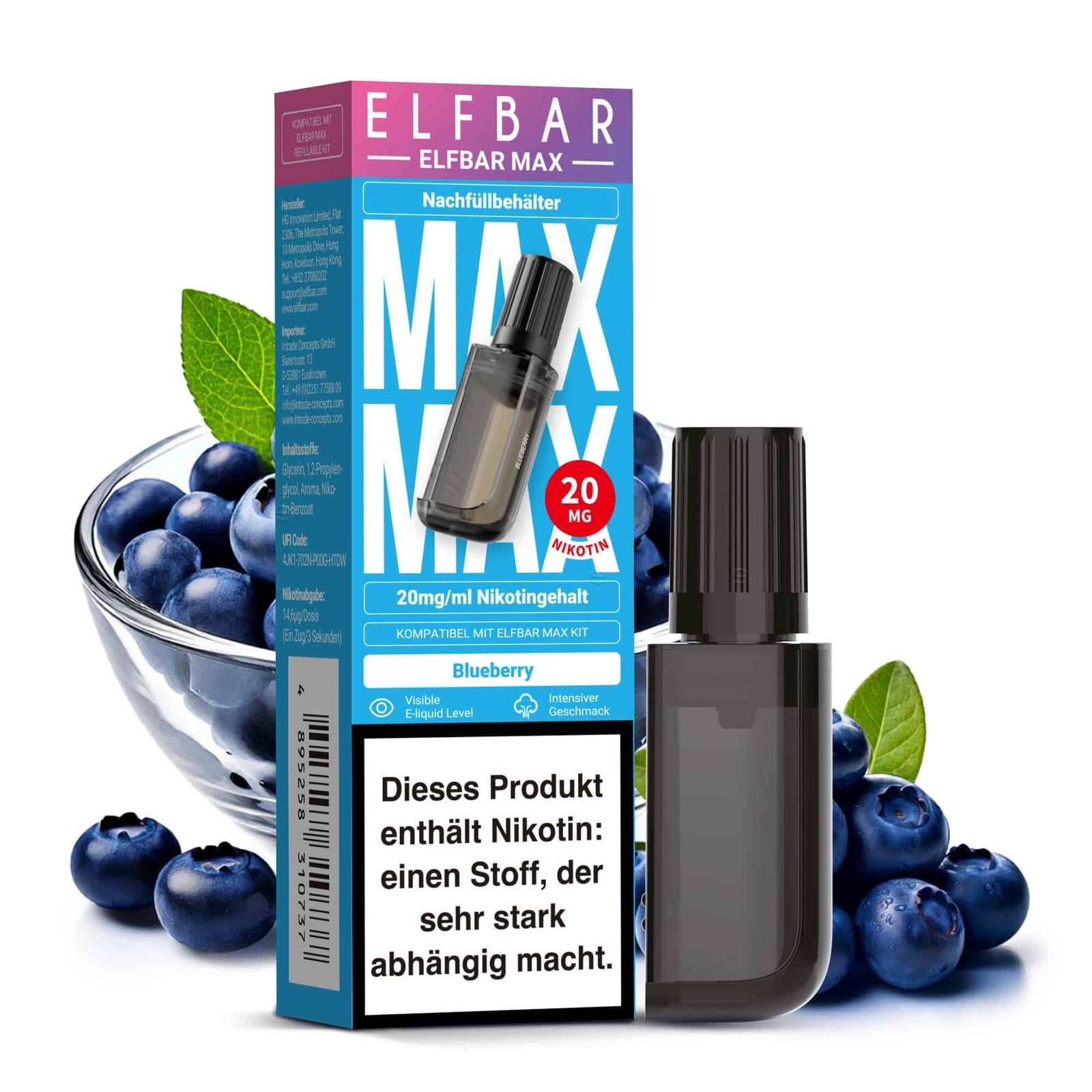 ELFBAR MAX Blueberry Pod – intensives Aroma reifer Blaubeeren, 20 mg/ml Nikotin, 10 ml Inhalt, kompatibel mit ELFBAR MAX Kit