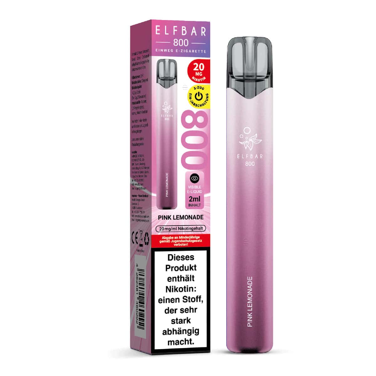 ELFBAR 800 Pink Lemonade Einweg E-Zigarette mit Verpackung – rosafarbenes Design, 2 ml E-Liquid mit prickelndem Limonadenaroma, 20 mg Nikotin, Warnhinweis gut sichtbar auf der Verpackung