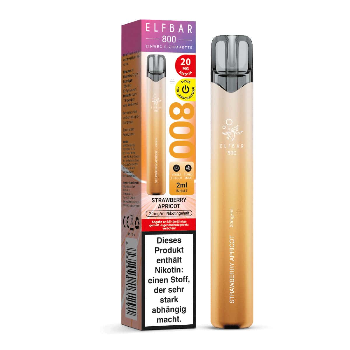 ELFBAR 800 Strawberry Apricot Einweg E-Zigarette mit Verpackung – apricotfarbenes Design, 2 ml E-Liquid mit Erdbeer-Aprikose-Geschmack, 20 mg Nikotin, Warnhinweis gut sichtbar auf der Verpackung