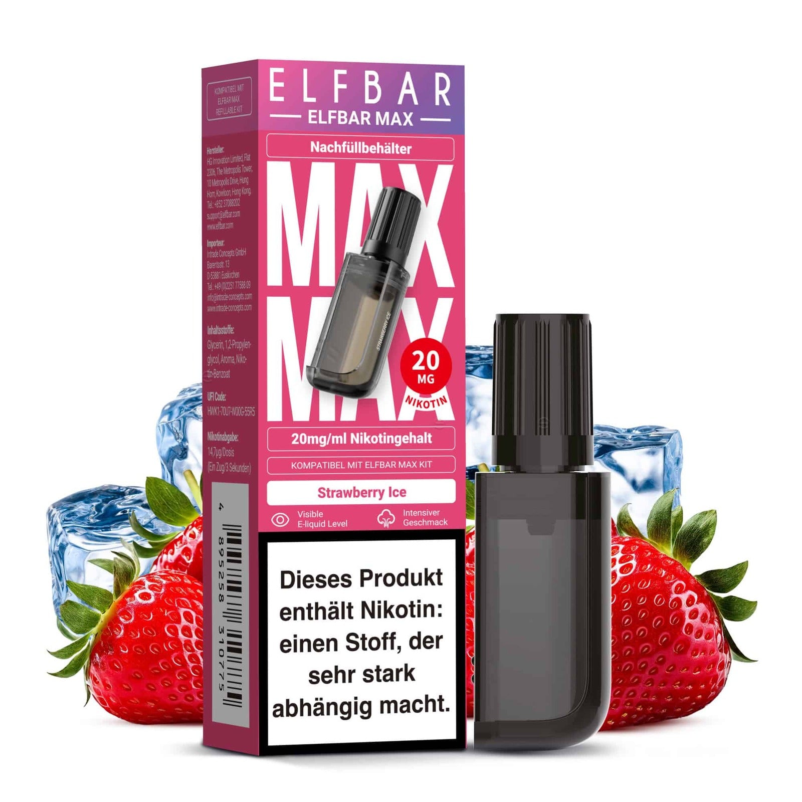 ELFBAR MAX Strawberry Ice Pod – süße Erdbeere kombiniert mit kühler Ice‑Frische, 20 mg/ml Nikotin, 10 ml Liquid