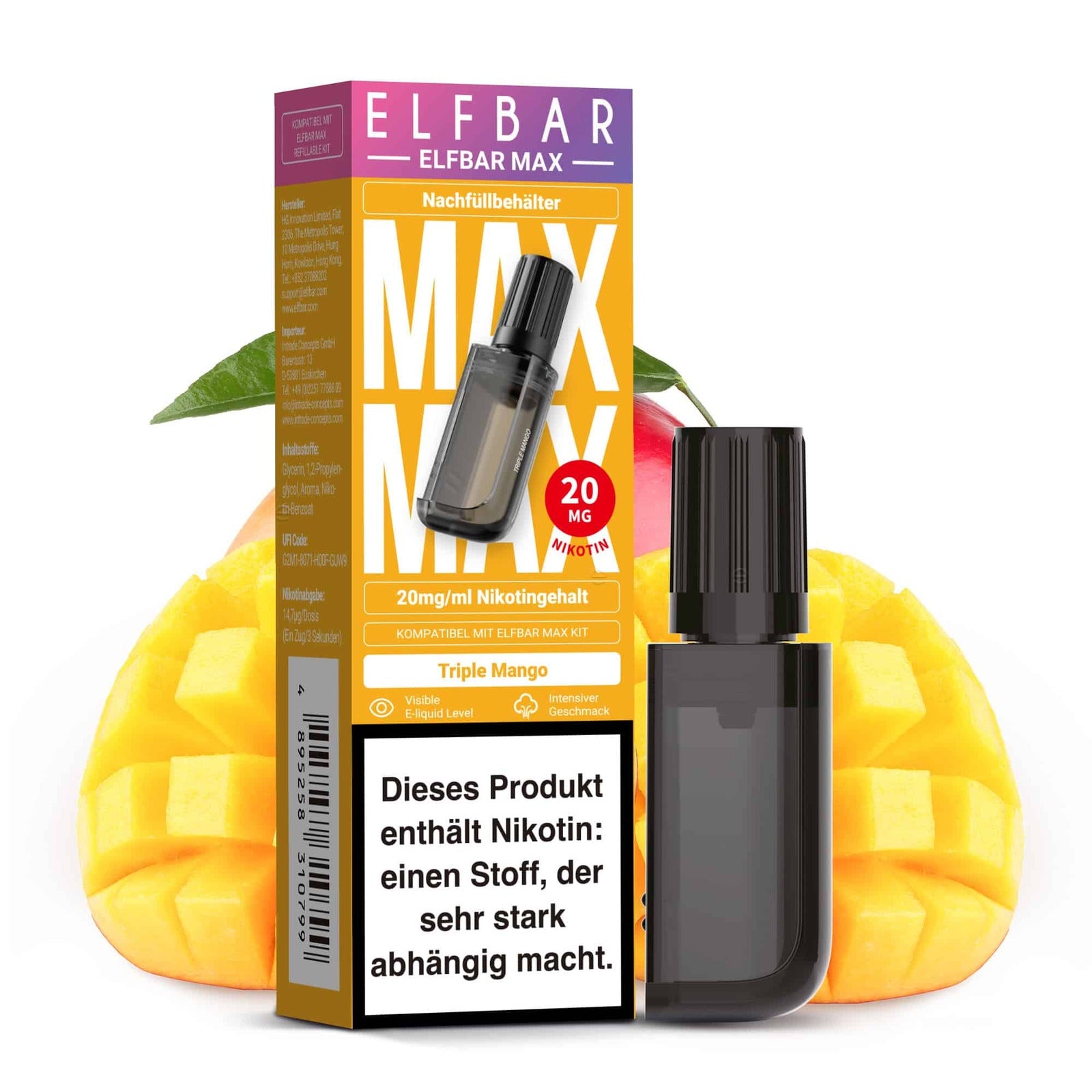 ELFBAR MAX Triple Mango Pod – intensive tropische Mango‑Mixtur, 20 mg/ml Nikotinsalz, 10 ml Inhalt