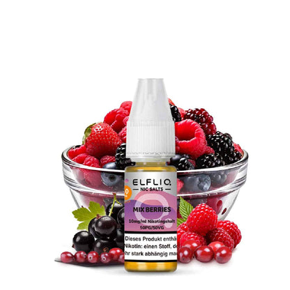 Elfliq Mix Berries Liquid mit 10 mg/ml Nikotingehalt – Flasche vor einer Auswahl saftiger Beeren wie Himbeeren, Brombeeren und Johannisbeeren für fruchtigen Dampfgenuss.