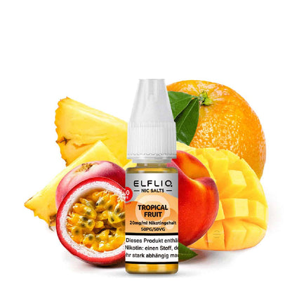 ELFliq Tropical Fruit 20 mg/ml Nikotinsalz Liquid mit intensiver Mischung aus tropischer Ananas, süßer Mango, saftiger Orange, Passionsfrucht und Pfirsich.