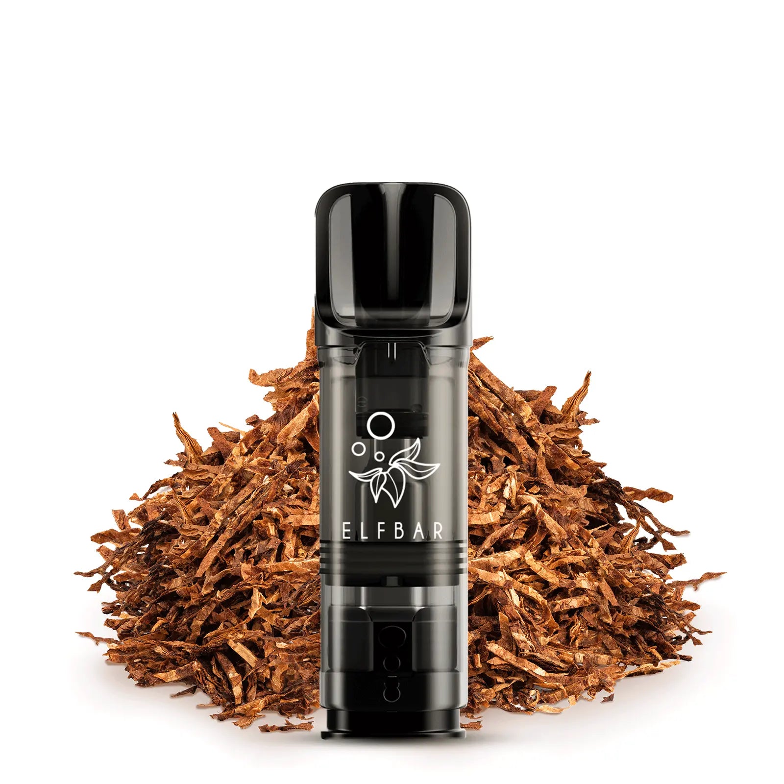 ELFBAR Elfa Pods Golden Tobacco mit 20 mg/ml Nikotingehalt – schwarzer Pod vor einem Haufen getrocknetem Tabak