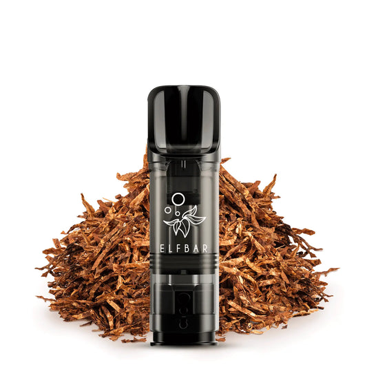 ELFBAR Elfa Pods Golden Tobacco mit 20 mg/ml Nikotingehalt – schwarzer Pod vor einem Haufen getrocknetem Tabak
