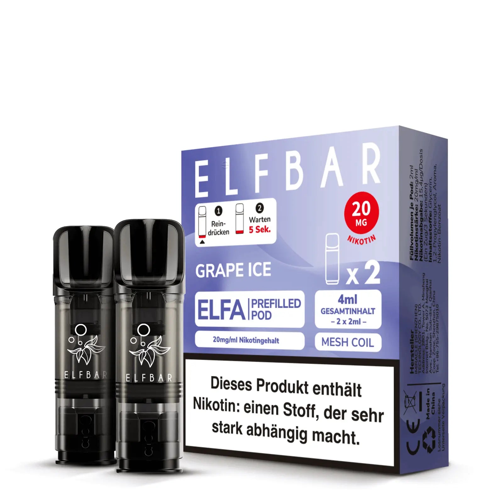 ELFBAR ELFA Pods Grape Ice mit 20 mg/ml Nikotin – Verpackung mit zwei vorbefüllten Pods à 2 ml, inklusive Warnhinweis zu Nikotinabhängigkeit.