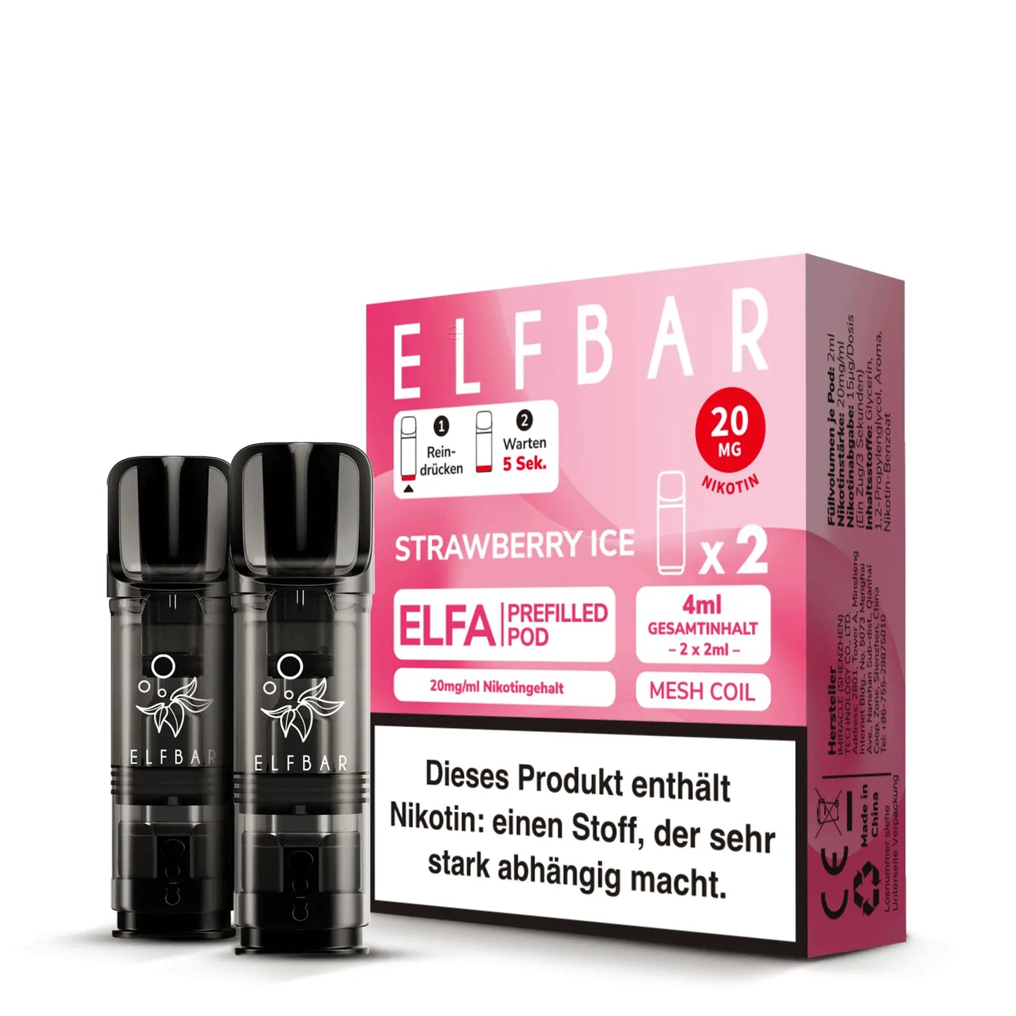 ELF BAR ELFA Pods Strawberry Ice – 2er-Pack mit 20 mg/ml Nikotingehalt, fruchtig-frisches Erdbeeraroma mit Cooling-Effekt, kompatibel mit ELFA Basisgerät.