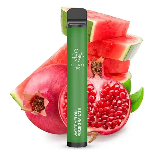 Elfbar Watermelon Pomegrenate Produtbild mit Wassermelone und Granatapfel im Hintergrund