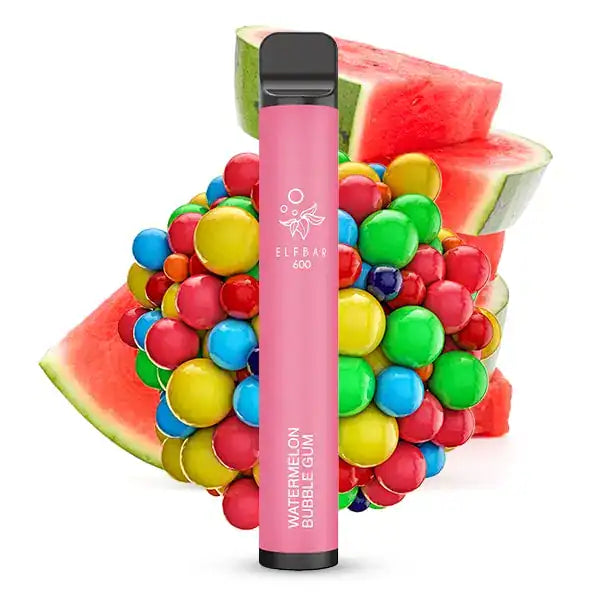 Elfbar Watermelon Bubble Gum Produktbild mit Wassermelone und Kaugummi im Hintergrund