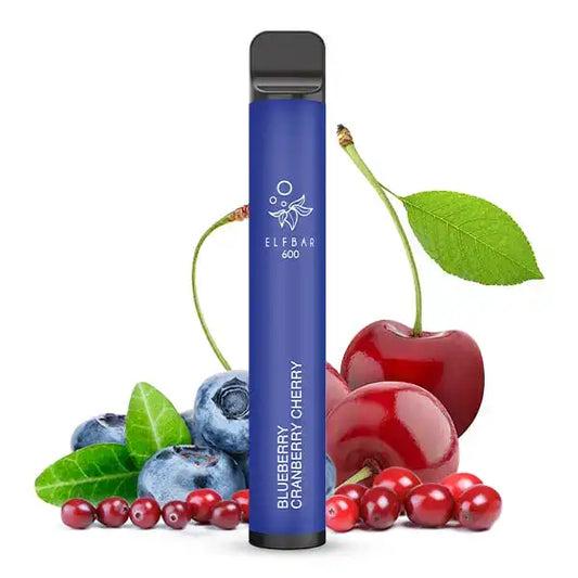 Elfbar Blueberry Cranberry Cherry Produktbild mit Kirsche Blaubeeren und Cranberry im Hintergrund