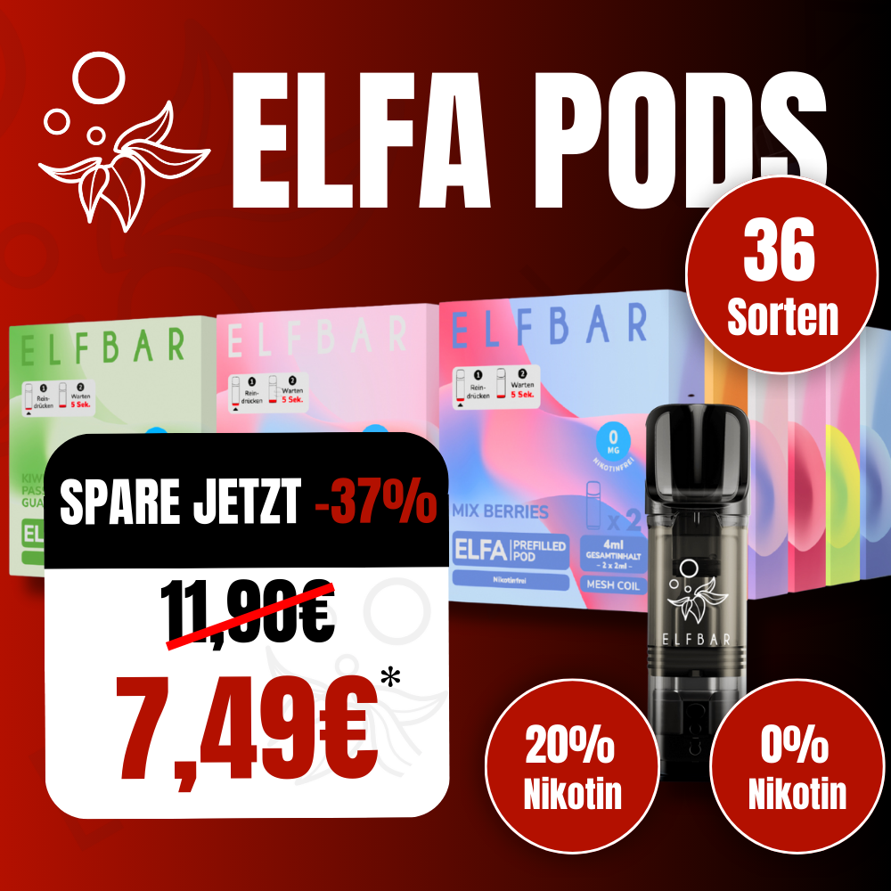 Werbegrafik für ELFA Pods mit 37 % Rabatt. Abgebildet sind verschiedene Produktpackungen, ein Pod und der reduzierte Preis von 7,49 €. Es wird auf eine Auswahl von 36 Sorten sowie Varianten mit und ohne Nikotin hingewiesen.
