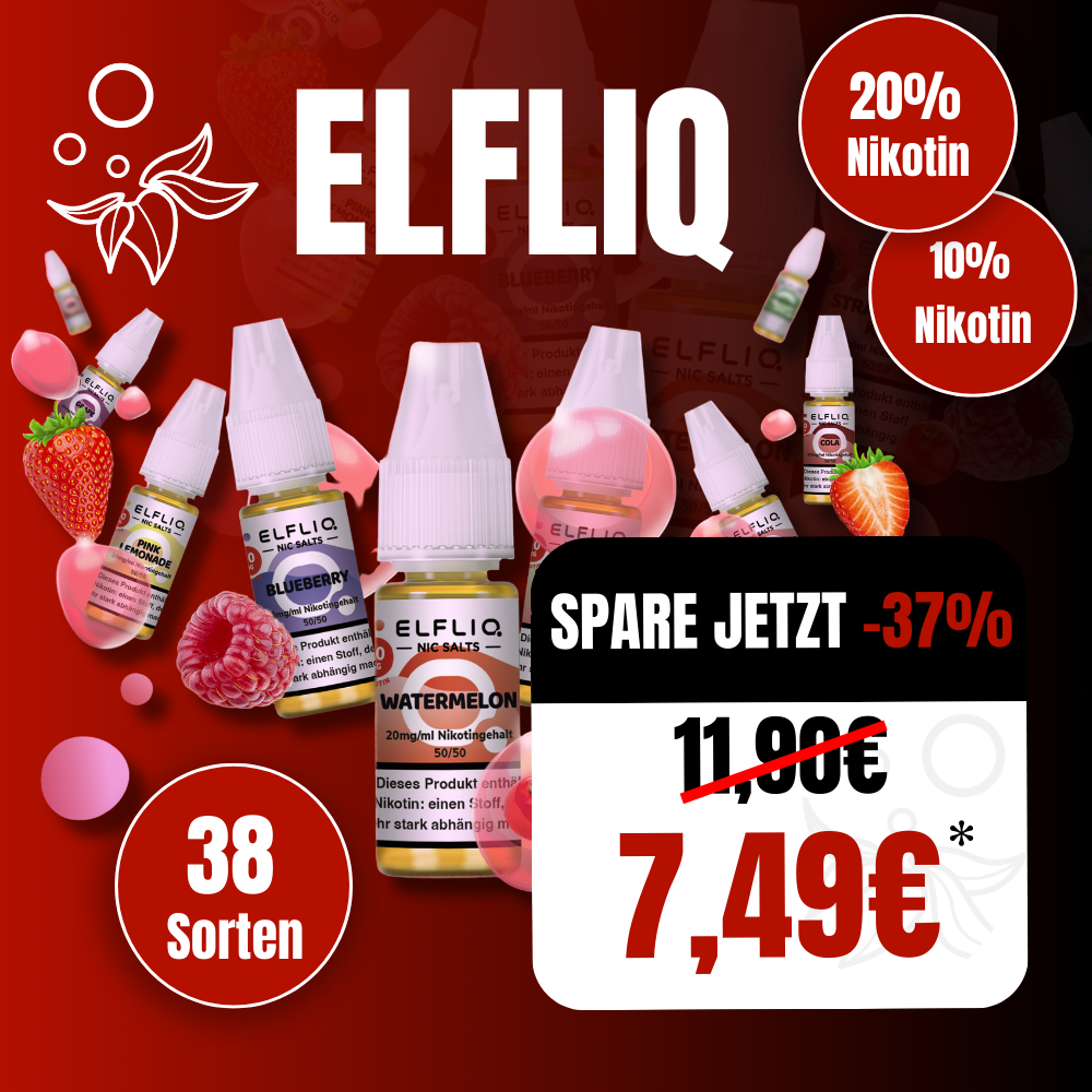 Rabattaktion für ELFLIQ Nikotinsalz Liquids: Verschiedene Liquid-Fläschchen in Sorten wie Wassermelone und Blaubeere, dekoriert mit frischen Früchten auf einem dunkelroten Hintergrund.