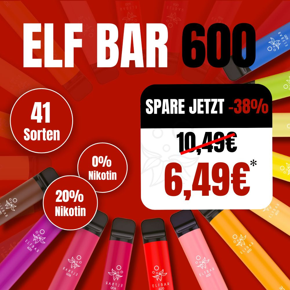 Sparangebot für Elf Bar 600: Vielfältige, bunte Einweg-Vapes in kreisförmiger Anordnung auf rotem Hintergrund mit 38% Rabatt.