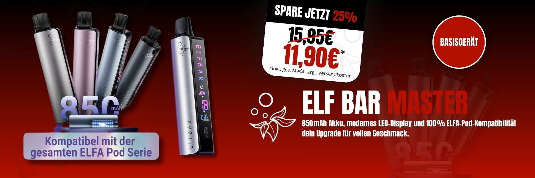 Angebot für Elf Bar 600 V2 Einweg-Vapes: Drei bunte Geräte auf blauen Podesten, dekoriert mit frischen Früchten wie Äpfeln, Blaubeeren und Zitronen vor einem dunkelroten Hintergrund.