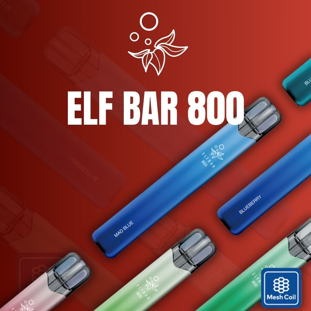 Werbegrafik für Elf Bar 800 Einweg-E-Zigaretten auf rotem Hintergrund. Verschiedenfarbige Geräte, darunter die Sorten Mad Blue und Blueberry, sind diagonal angeordnet. Ein Mesh-Coil-Icon unten rechts hebt die verbaute Technologie hervor.