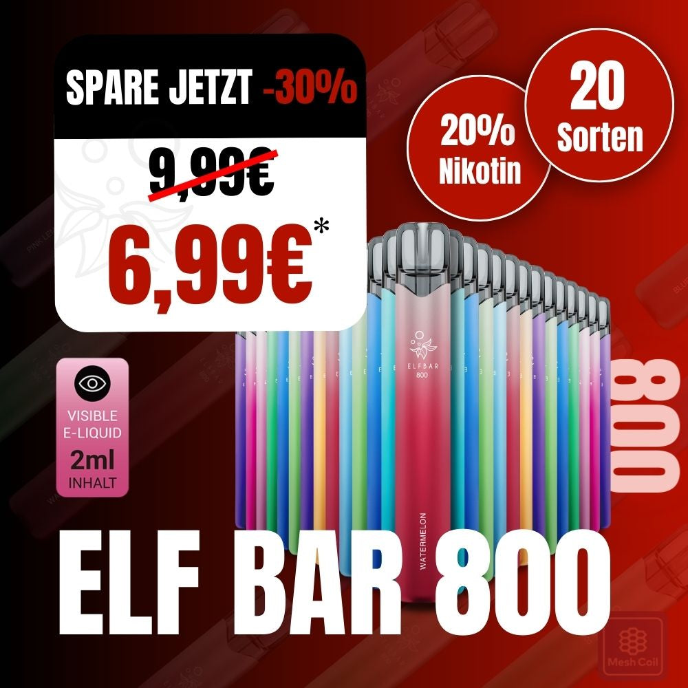 Rabattaktion für Elf Bar 800 Einweg-Vapes mit 30 % Ersparnis. Eine bunte Auswahl an schlanken E-Zigaretten ist fächerförmig auf einem roten Hintergrund angeordnet.