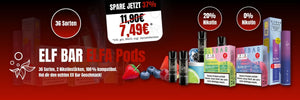 Sensationelle Rabattaktion für Elf Bar Elfa Pods. Ein stylisches Basisgerät und aromaintensive Prefilled-Pods, dynamisch in Szene gesetzt mit frischen, prallen Früchten auf tiefrotem Hintergrund. Sichere dir satte 37% Rabatt und wähle aus 36 geschmacksintensiven Sorten.
