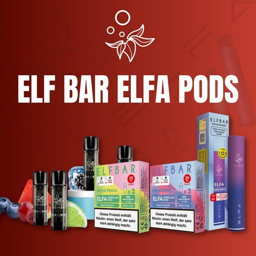 Werbebild für Elf Bar Elfa Pods auf rotem Hintergrund mit dem Titel oben. Abgebildet sind diverse Produkte: schwarze Pods, zwei Packungen (Apple Peach und Mix Berries, je 20mg Nikotin), ein lila-blaues Elfa Basisgerät samt Verpackung, sowie frische Früchte, Limetten und Eiswürfel. Ein deutscher Nikotin-Warnhinweis ist auf den Packungen sichtbar.