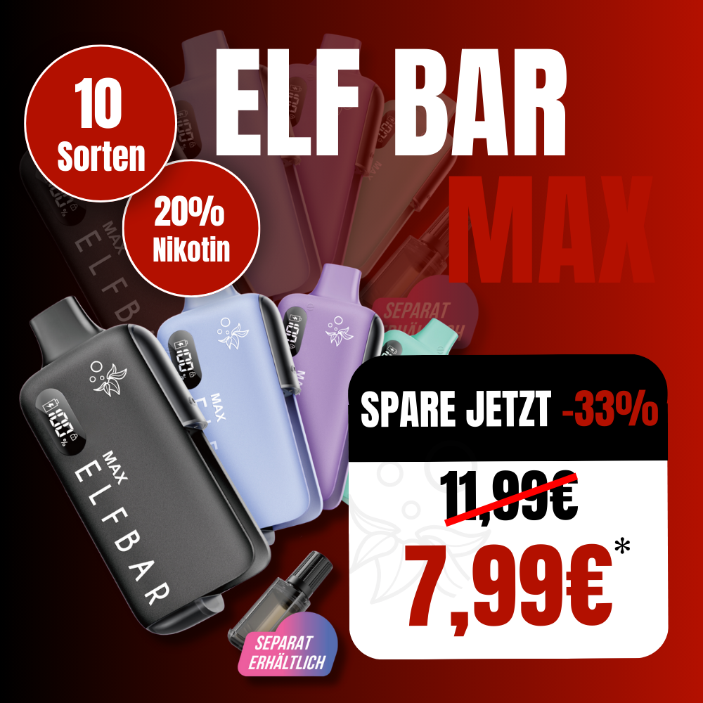 Mehrere Elf Bar Max Akkuträger in verschiedenen Farben auf rotem Hintergrund.