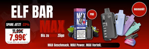 Attraktives Elf Bar Max Sparangebot. Hochwertige Basisgeräte in stylischen Farben und intensive Blackberry Ice Pods, actionreich in Szene gesetzt mit frischen Brombeeren und Eiswürfeln auf tiefrotem Hintergrund. Hol dir maximale Power und bis zu 6000 Züge mit starken 33% Rabatt.