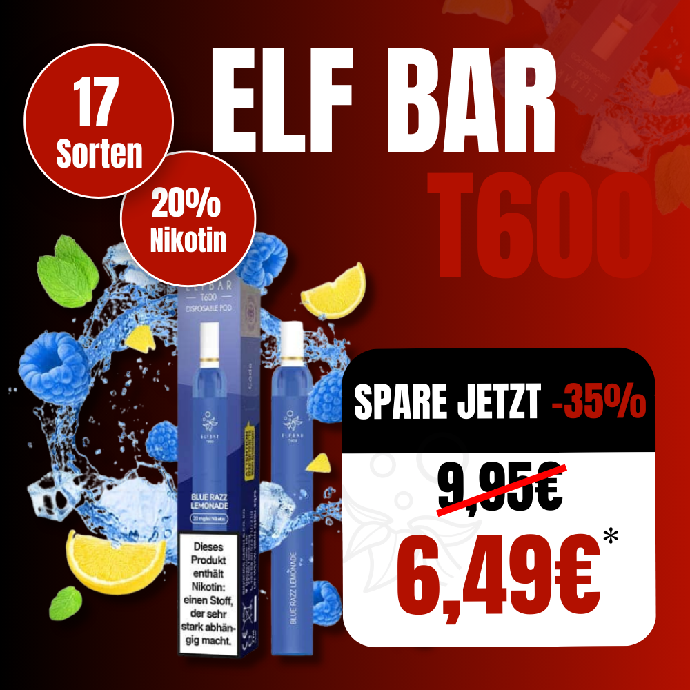 Werbegrafik für Elf Bar T600 mit 35 % Rabatt. Abgebildet sind das Gerät und die Verpackung in der Sorte 'Blue Razz Lemonade', umgeben von Wasser, Eis, Blaubeeren, Zitronen und Minze. Der reduzierte Preis beträgt 6,49 € statt 9,95 €. Es wird auf eine Auswahl von 17 Sorten und 20 % Nikotingehalt hingewiesen.