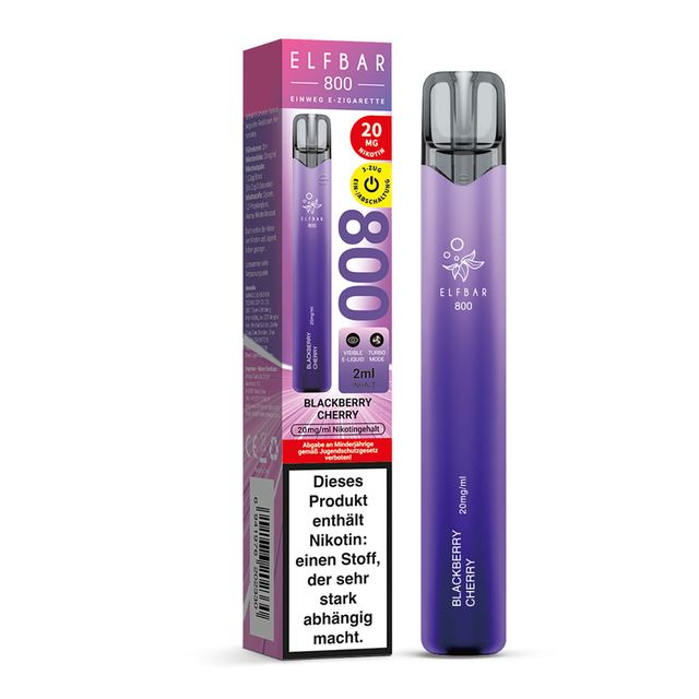 Elfbar 800 Einweg E-Zigarette Blackberry Cherry mit Verpackung, lila Gerät mit Brombeer- und Kirschgeschmack, 20 mg Nikotin und bis zu 800 Zügen.