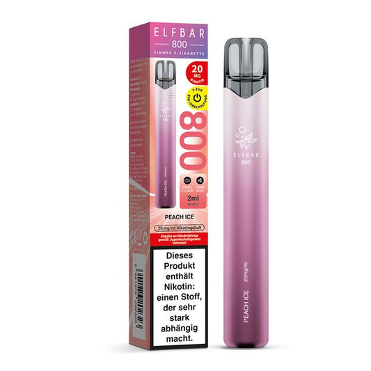 Elfbar 800 Einweg E-Zigarette Peach Ice mit Verpackung, rosa Gerät mit Pfirsichgeschmack und kühlendem Ice-Effekt, 20 mg Nikotin und bis zu 800 Zügen.