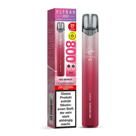 Elfbar 800 Einweg E-Zigarette Red Berries mit Verpackung, rotes Gerät mit rotem Beerenmix-Geschmack, 20 mg Nikotin und bis zu 800 Zügen.