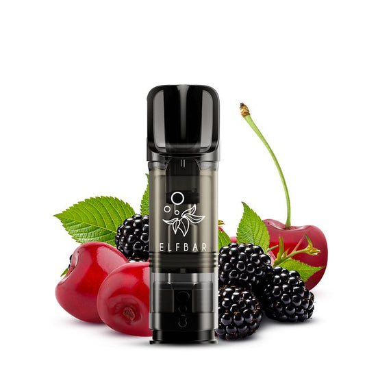 Elfbar Pod mit Blackberry Cherry Geschmack, schwarzer Pod vor Brombeeren und Kirschen als Geschmacksdarstellung.