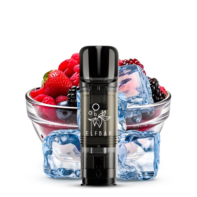 Elfbar Pod mit Frozen Berries Geschmack, schwarzer Pod vor einer Schale mit gemischten Beeren und Eiswürfeln als Darstellung des gekühlten Beerenaromas.