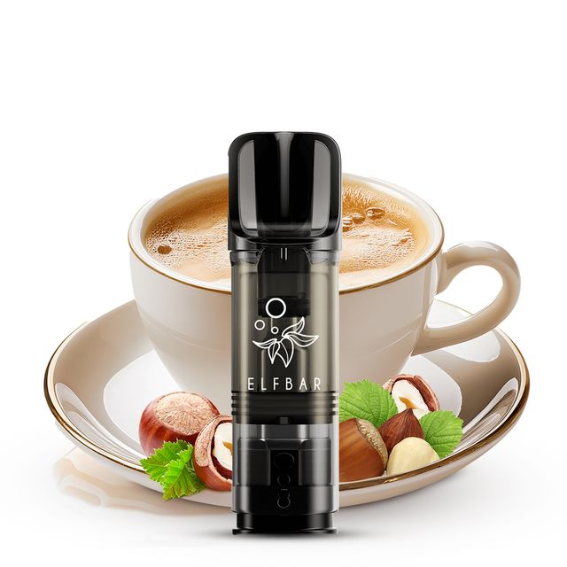 Elfbar Pod mit Hazelnut Coffee Geschmack, schwarzer Pod vor einer Tasse Kaffee mit Haselnüssen als Darstellung des Kaffee- und Haselnussaromas.