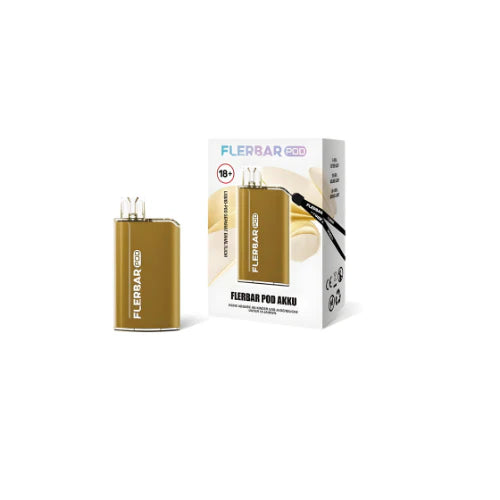 Ein goldener Flerbar Pod Akku steht neben seiner Produktverpackung auf weißem Hintergrund.