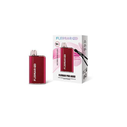 Ein roter Flerbar Pod Akku steht neben seiner Produktverpackung auf weißem Hintergrund.